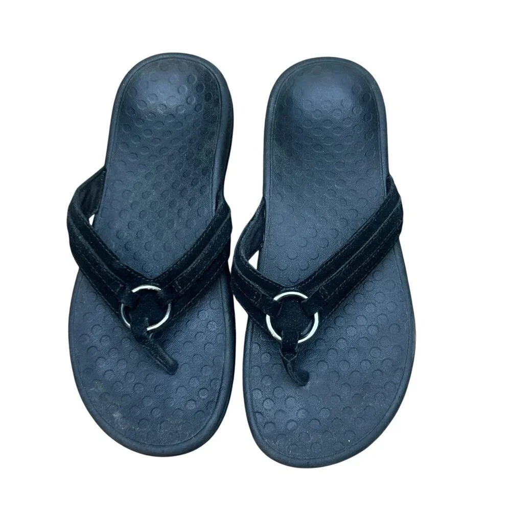 Vionic Black Suede Leather Tide Aloe Toe Post Ortho Heel Thong Sandals Size 7 - Picture 5 of 11